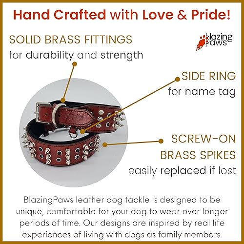 Miniatura 2 de BlazingPaws Sabrington - Collar de piel de lujo de 2.0in de ancho para perros grandes, cuero de brida gruesa en color cereza o marrón con acolchado