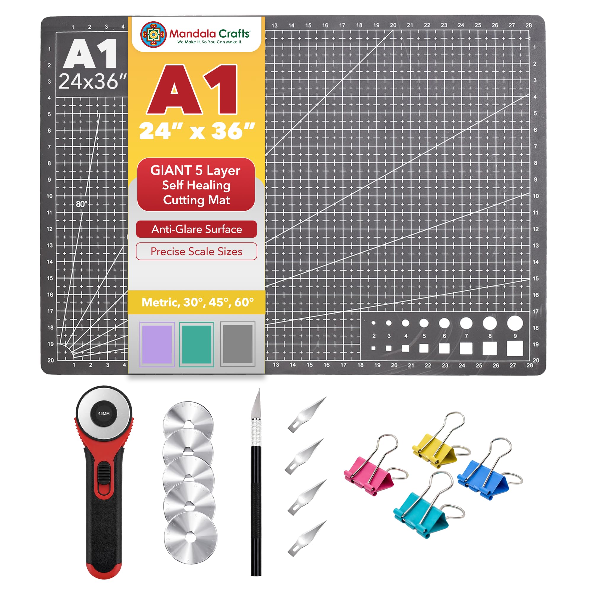 Mandala Crafts Self-Healing Cutting Mat Kit – 24" x 36" A1 Black Gray Double-Sided 5-Ply Mat with Fabric Cutter, Quilt Ruler & Craft Knife for Sewing, Quilting, Leather & Scrapbooking — image 1