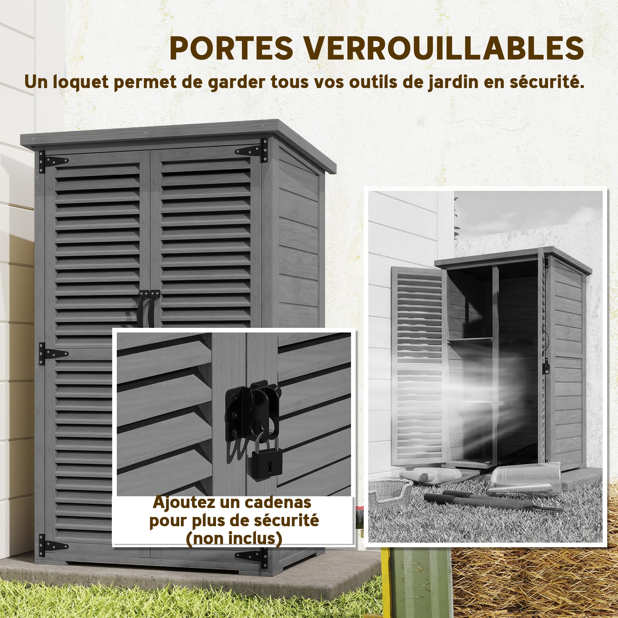 Outsunny - Armario de jardín para herramientas de madera, 2 estanterías tejado betún puertas persianas con cerradura 75 x 50 x 118 cm, color gris