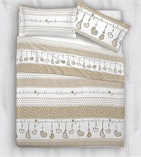 Biancheriastore Set Lenzuola Letto Cuori Scritte Pois Love | Completo in Cotone Made in Italy | Lenzuolo sopra 245x290 + sotto con Angoli 180x200 + 2 Federe con Patella 52x82 - Beige