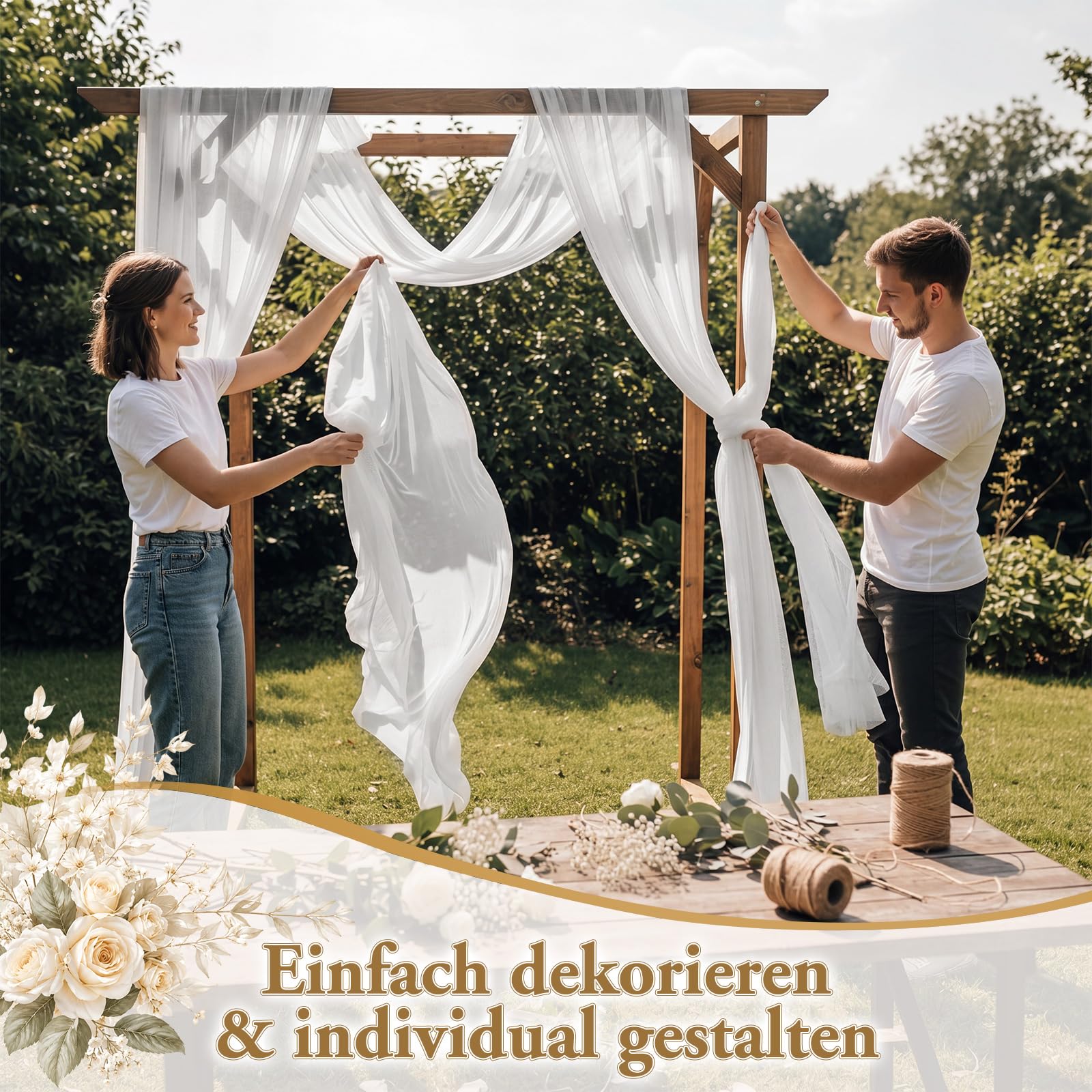 Namalu 6 Arche Tenture Mariage 75 x 500 cm Rideau en Tulle Blanc Voilage Blanc Drapé en Organza Rideau de Gaze pour Décoration de Mariage Cantonnière Décorative Cérémonie Fête Toile de Fond