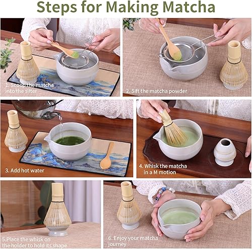 Miniatura 3 de Juego de batidor japonés de matcha, juego de 6 piezas con cazador de bambú, cuenco de cerámica matcha con boquilla, tamiz de acero inoxidable blanco