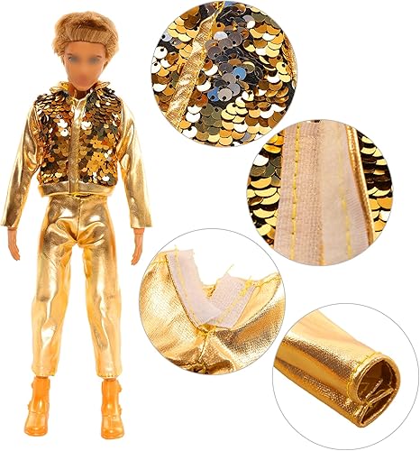 Miniatura 4 de Miunana Disfraz de músico de muñeca de niño de 12 pulgadas y lote de guitarra, 13 artículos de ropa brillante Top y pantalones de muñeca masculina