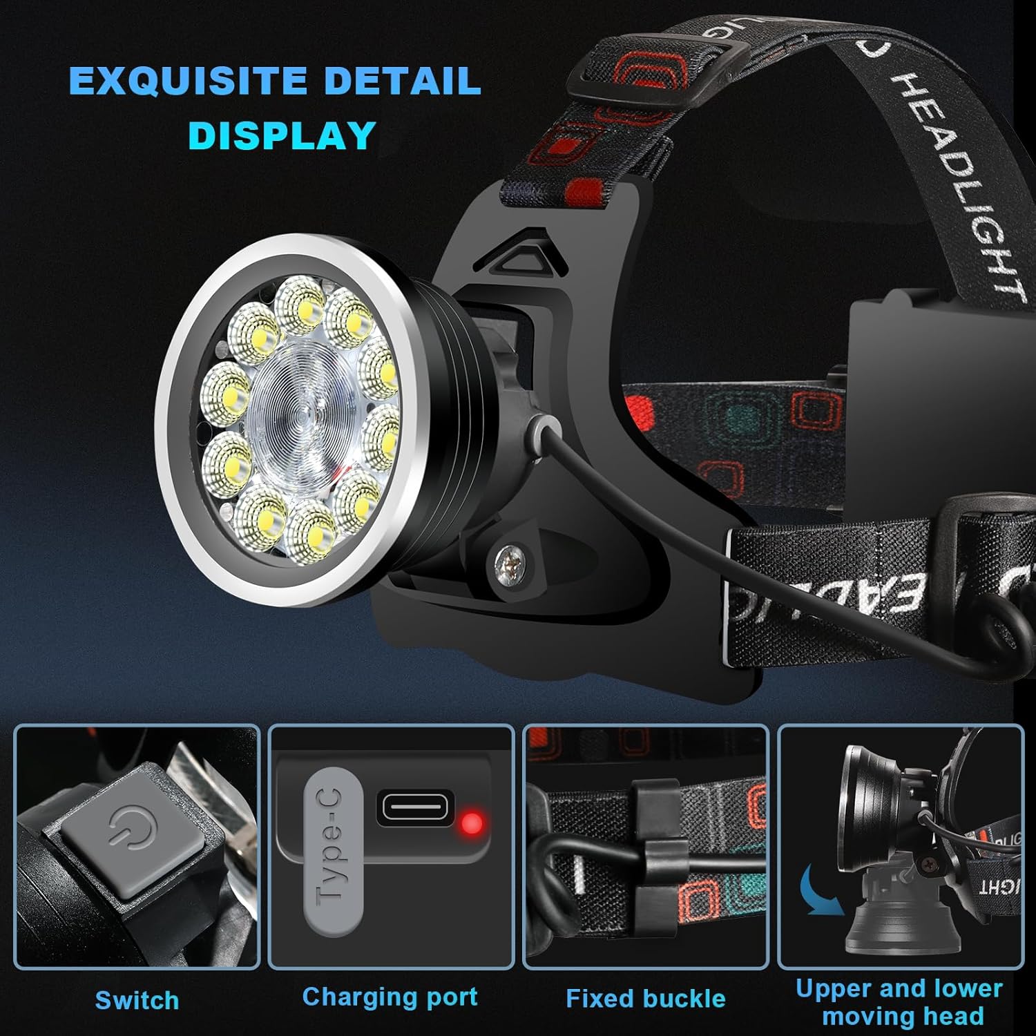 Headlamp Spotlight Flashlight, Bright LED Rechargeable Headlight, Waterproof Head Light with Back Lamp for Outdoor Camping Running Hiking Fishing Cycling (Black, Spotlight & Floodlight)