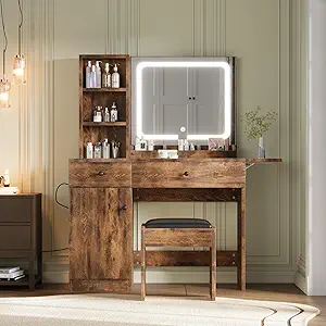 GAOMON Vanity Desk with Mirror and Lights, Makeup Vanity with 2 Drawers & 2 Shelves & One Door, 3 Lighting Modes Adjustable Brightness, Bedroom Dressing Table, Brown