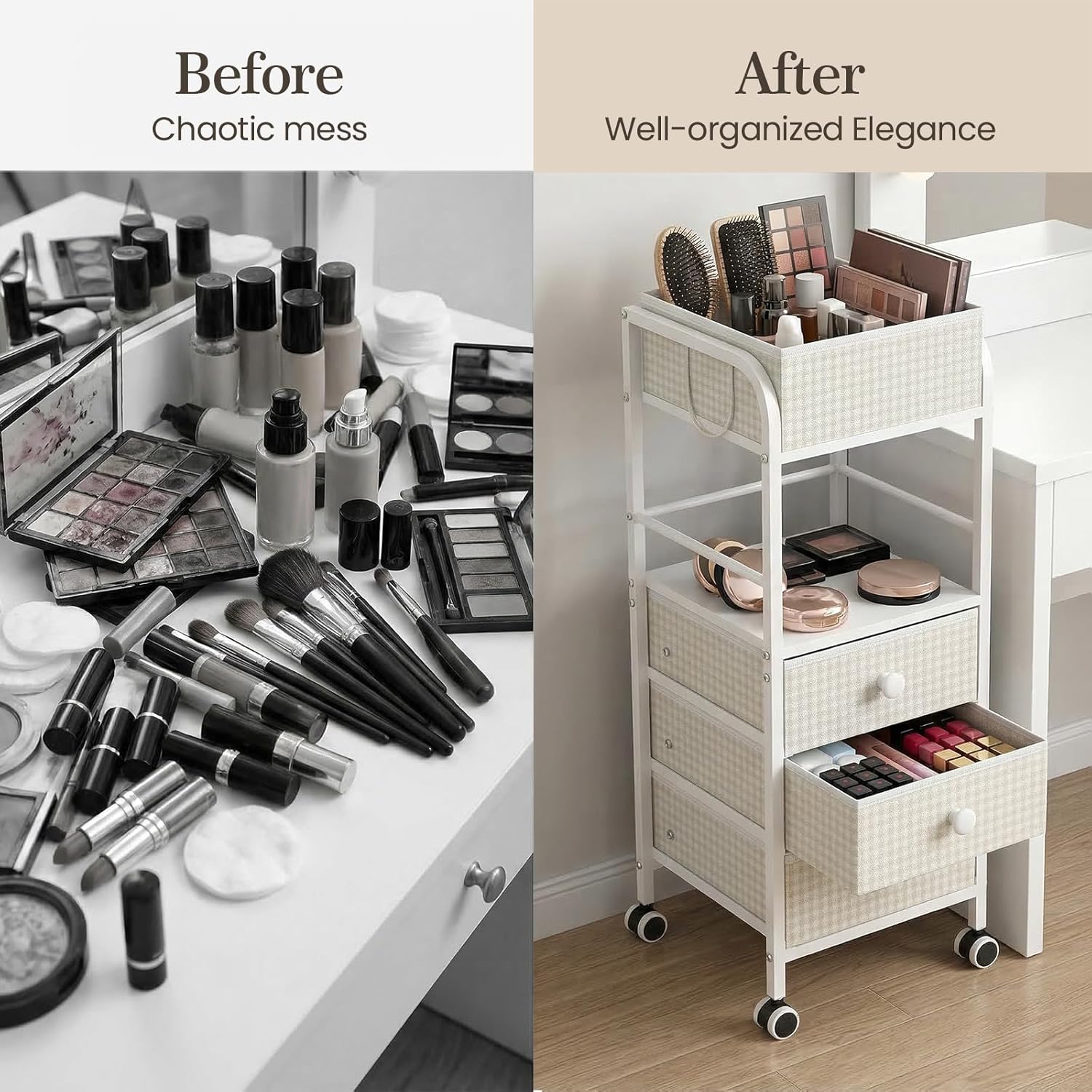2-in-1 Makeup Organizer Cart with Removable Travel Cosmetic Bag, 5 Tier Rolling Makeup Cart on Wheels with Drawers, Floor Cosmetic Display Cases Holder for Vanity Skincare Perfume Nail Polish Storage