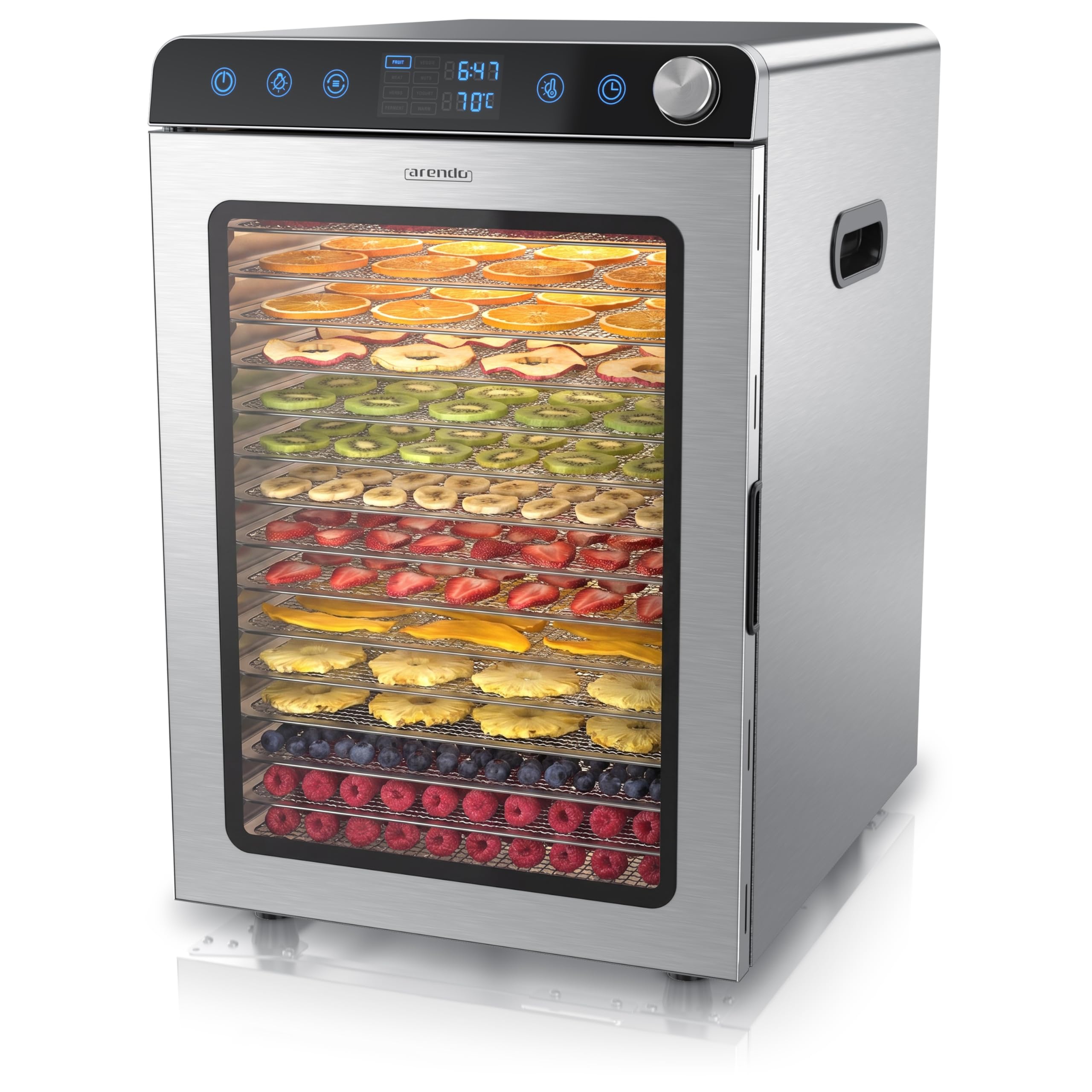 Arendo - Dörrautomat Edelstahl mit 16 Edelstahlgitter - 1000 Watt - 13400 cm² - 8 Programme - Dörrgerät Dehydrator Obsttrockner Dörrapparat - Obst Fleisch Pilze uvm - LED Touch Control Drehregler