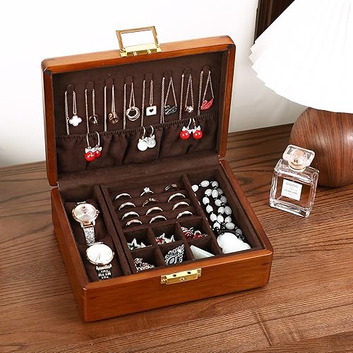 Miniatura 8 de Joyero de madera maciza de nogal con cerradura, forro de terciopelo de 2 capas para aretes, anillos, collares, pulseras, relojes