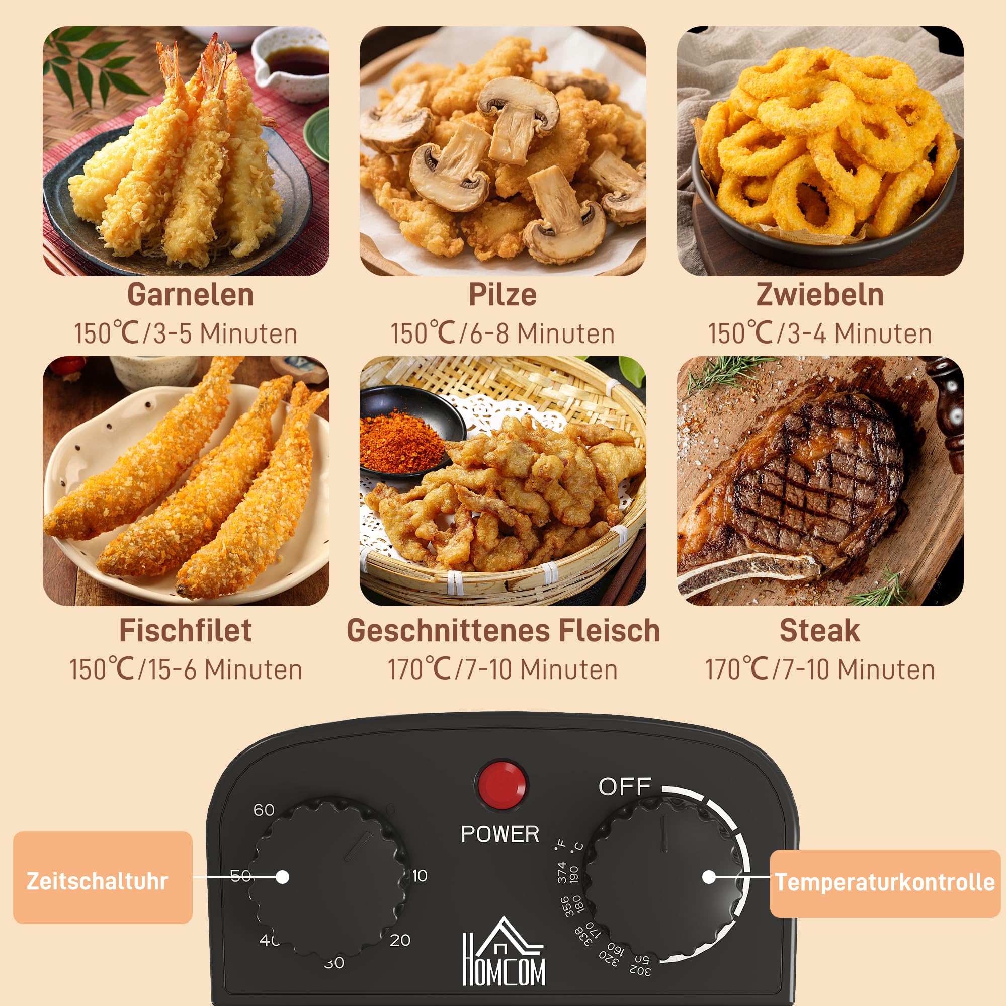 HOMCOM Friteuse 5 litres Électrique Température/Minuterie Réglables 2000 W | Panier à Huile Amovible, Fenêtre de Visualisation, pour Frites et Poulet Frit, Acier Inoxydable