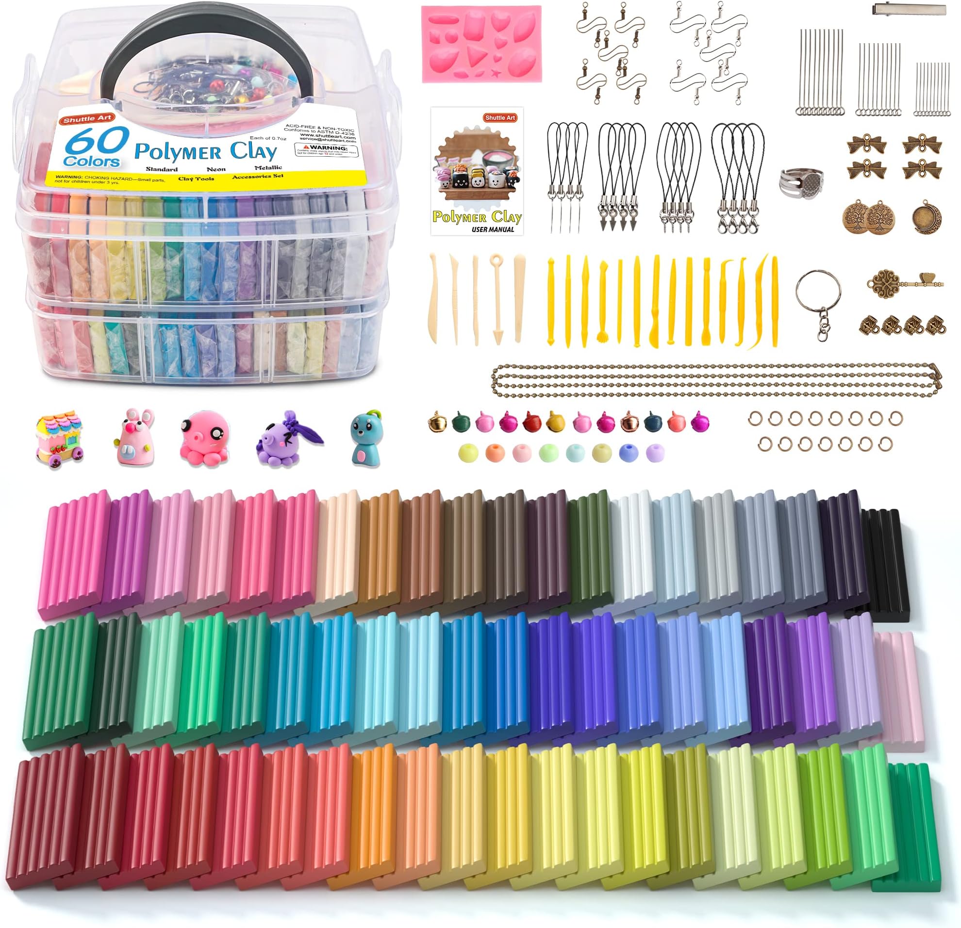 - Shuttle Art Oven Clay, Polymer Clay 60-Color Set, Polymer Clay Kit, Clay Tools, Accessories, Storage Case Included, Oven-Baked, Safe, DIY, Handmade, Craft, Children, Adults, Beginners, Gift, Manual