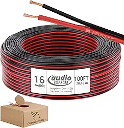 Audio Express Cabo De Fio De Alto-Falante Estéreo De Áudio Calibre 16 De 100 Pés, 100 Pés, 30,48 Metros, 2 Condutores, Pvc Vermelho-Preto Flexível, Cca, Caixa De Distribuição, Home Theater, Hifi, Au