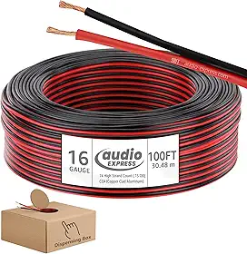 Audio Express Cabo De Fio De Alto-Falante Estéreo De Áudio Calibre 16 De 100 Pés, 100 Pés, 30,48 Metros, 2 Condutores, Pvc Vermelho-Preto Flexível, Cca, Caixa De Distribuição, Home Theater, Hifi, Au