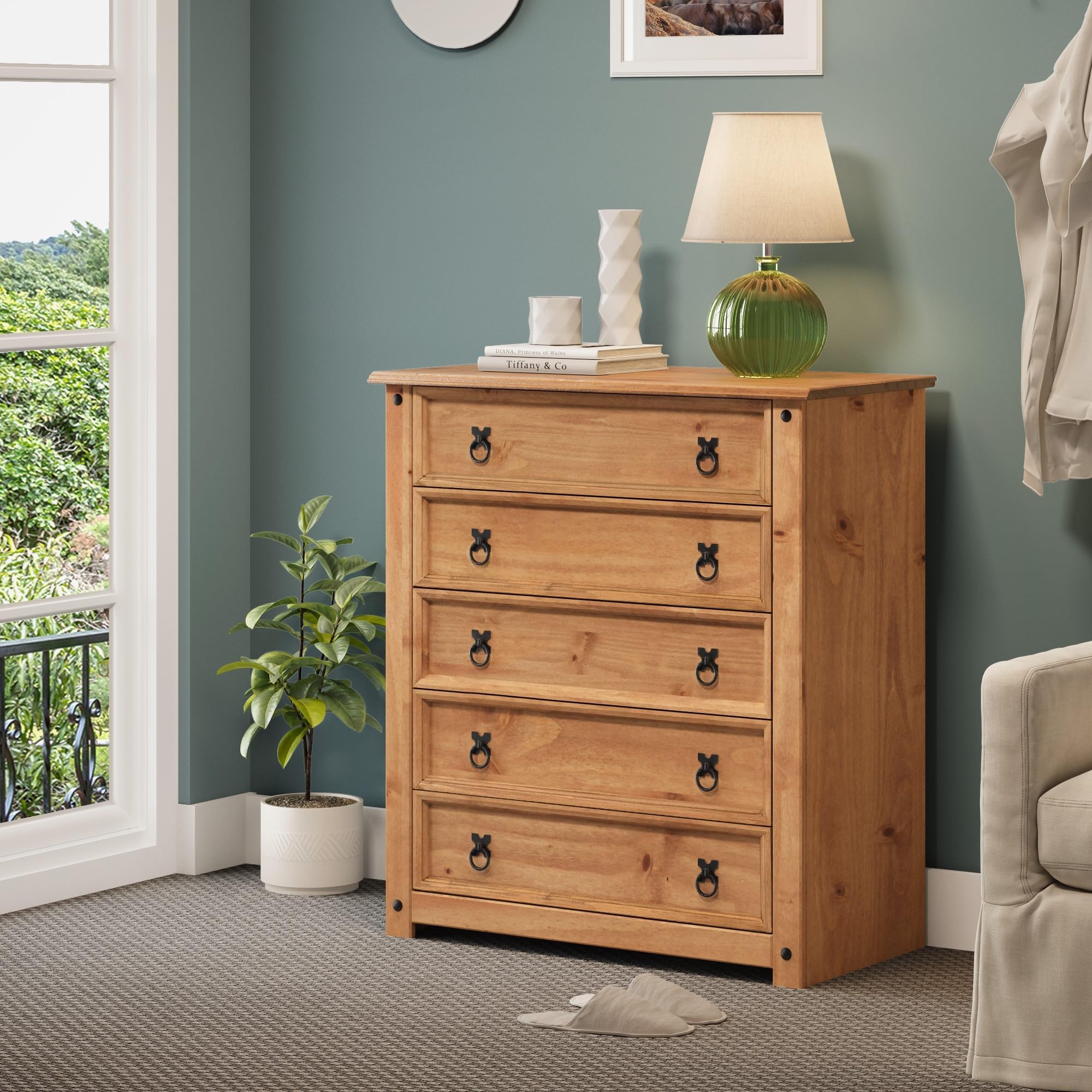 Mercers Furniture Trade Corona Chest of Drawers 5 Drawer Small Solid Wood Pine Wooden Bedroom Storage Mexican Style Dresser 89cm High 80cm Wide 41cm Deep