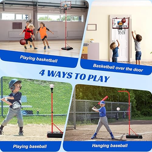 Miniatura 2 de Juego de aro de baloncesto 4 en 1 y pelota en T para niños, soporte de baloncesto ajustable, camiseta de béisbol para niños y niñas de 2, 3, 4, 5,
