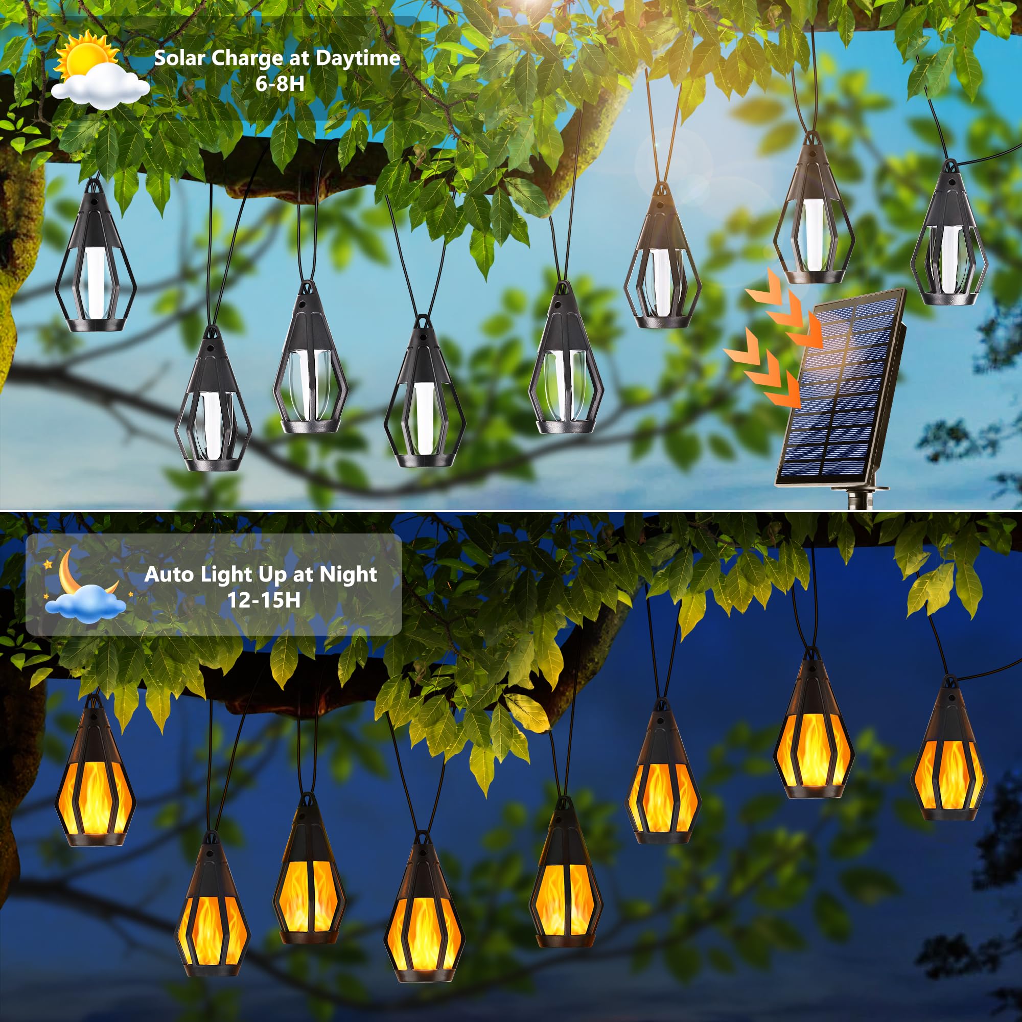 Solar-Lichterkette für den Außenbereich, 12 m, Solar-Terrassenlicht mit 20 flackernden Flammen, wasserdicht, warmweiß, solarbetriebene Außenleuchten für Garten, Hof, Terrasse, Pavillon, Bistro, Café