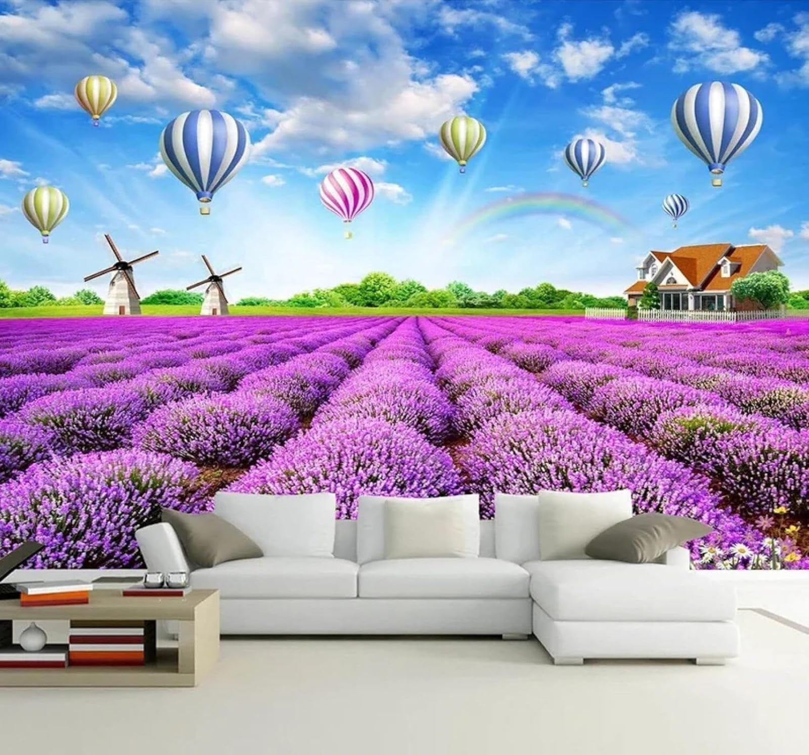 XLMING Beautiful Lavender Rainbow Hot Air Balloon Pastoral 3D Wallpaper Silky Texture Home Study Office Grey Dining Room Sofa Bedroom Living Room TV Backdrop-350cm×256cm
