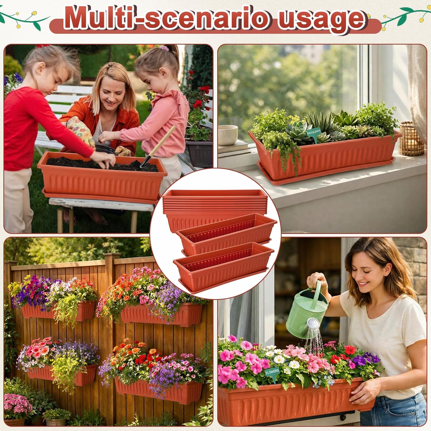 8 Pack 23 Inch Window Flower Boxes Large Window Planter Box with Drainage Tray Outdoor Long Rectangle Plastic Planter for Garden Balcony Fence Windowsill Patio, with Plant Labels and Shovel