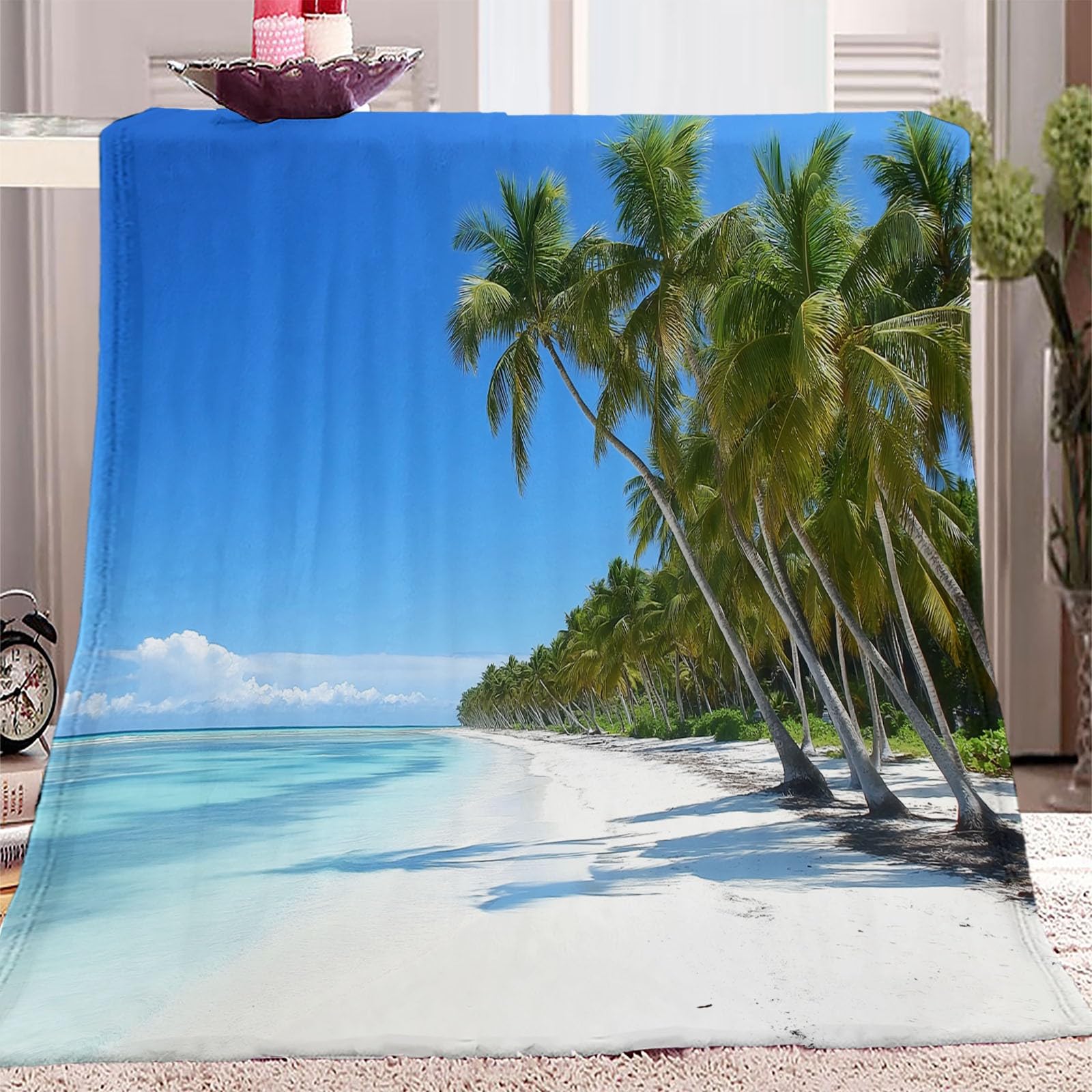 Koc flanelowy, koc do przytulania, niebieski, zielony, na kanapę, lekki, miękki, przytulny koc dekoracyjny do salonu, 3D, naturalny tropikalna plaża, ciepły koc do mieszkania, 200 x 220 cm