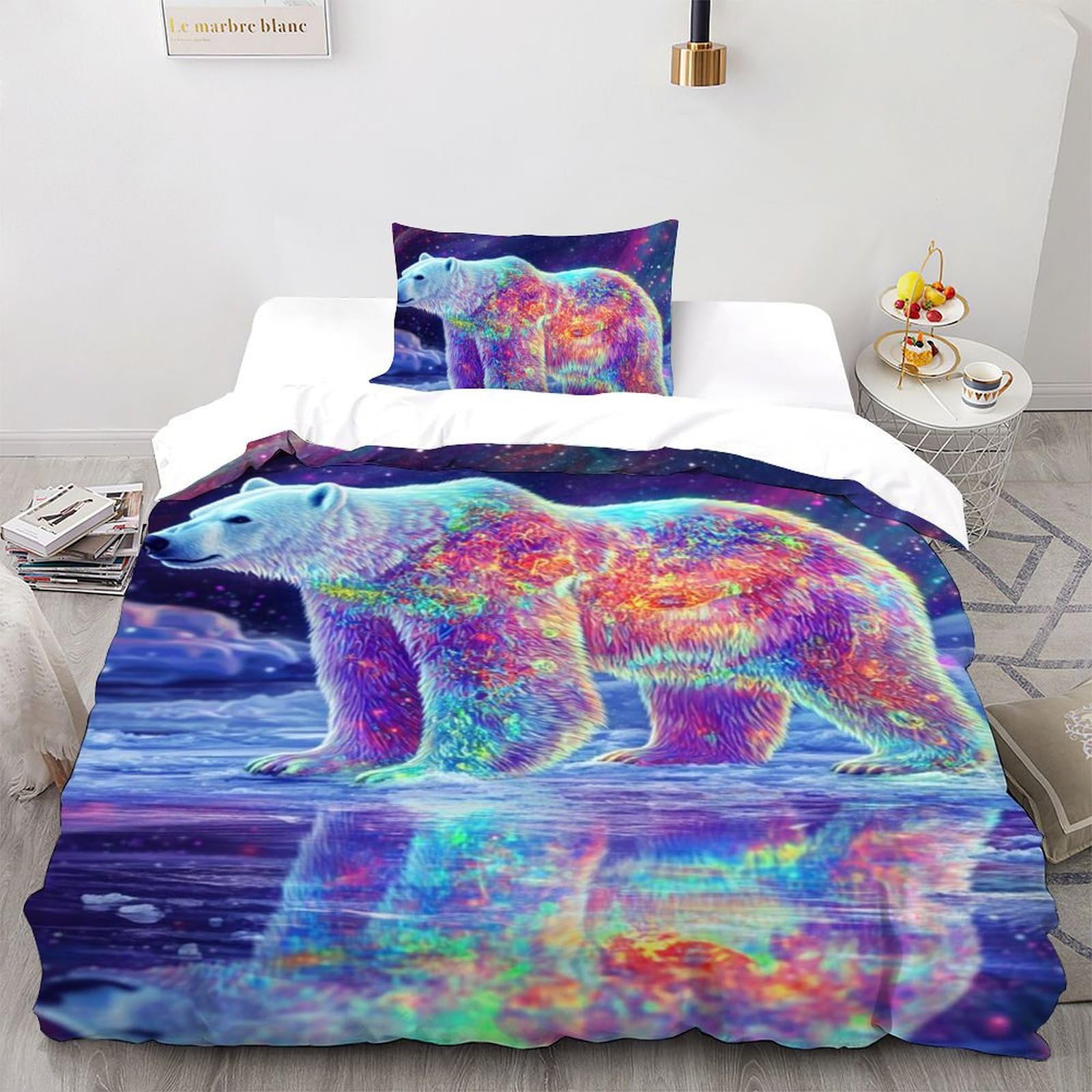 Housse de couette single ours polaire 135x200cm avec taie d'oreiller en microfibre pour lit enfant