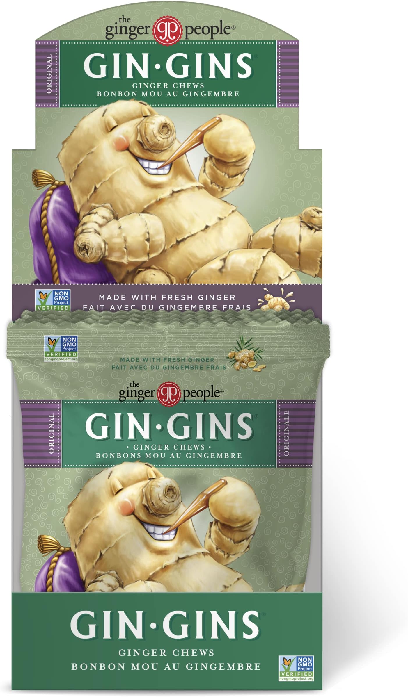 GIN GINS Original Ginger Chews – 100% Natural Candy by The Ginger People – Individually Wrapped Healthy Treats – Made with the Fresh Rhizome - Original Flavor, 2.1oz Bags - Pack of 12
