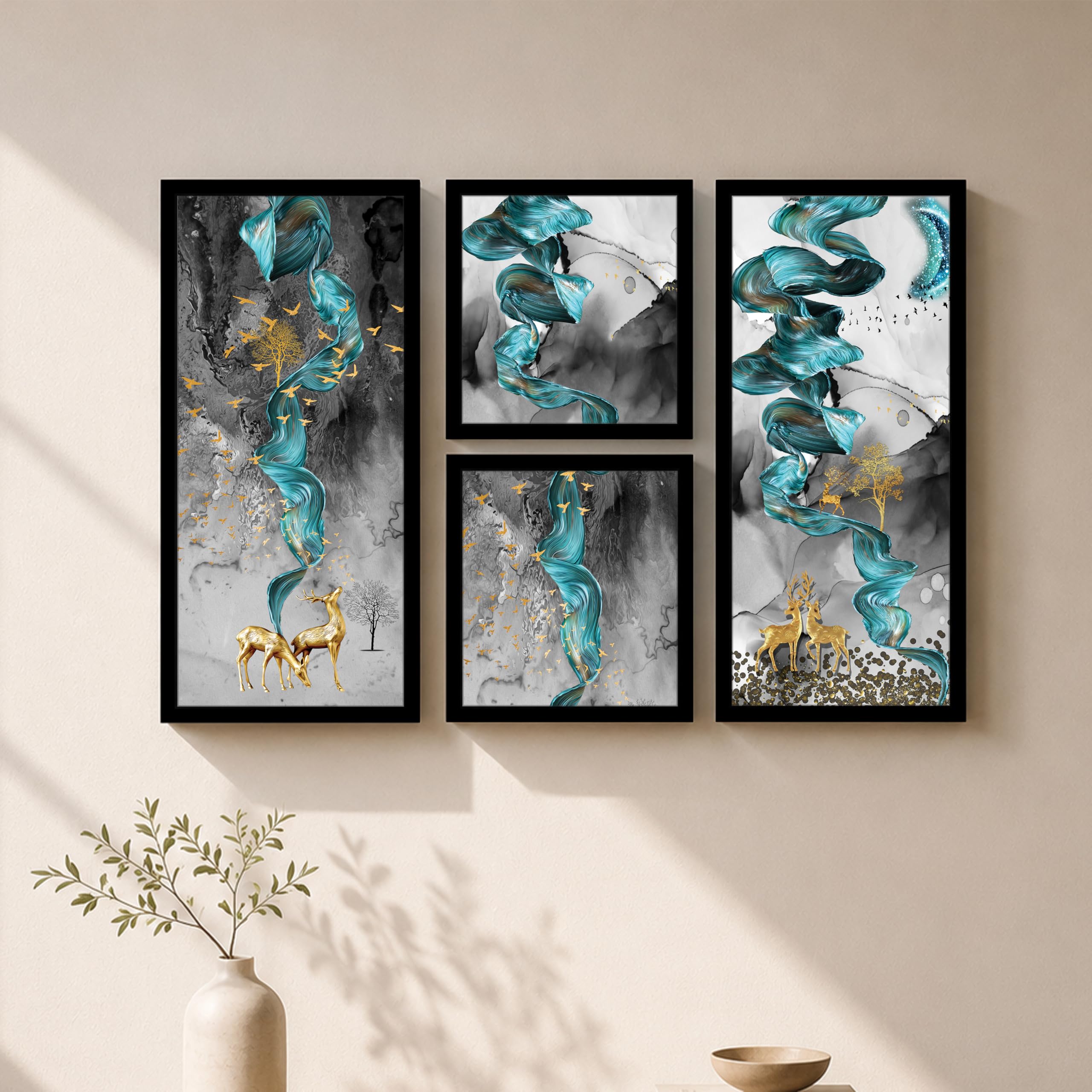 PAINTINGMANTRA Deer and Birds Artistic Framed Painting/Posters for Room Decoration, Set of 4 Black Frame Art Prints/Posters for Living Room (2 Unit 22x 47 cm)