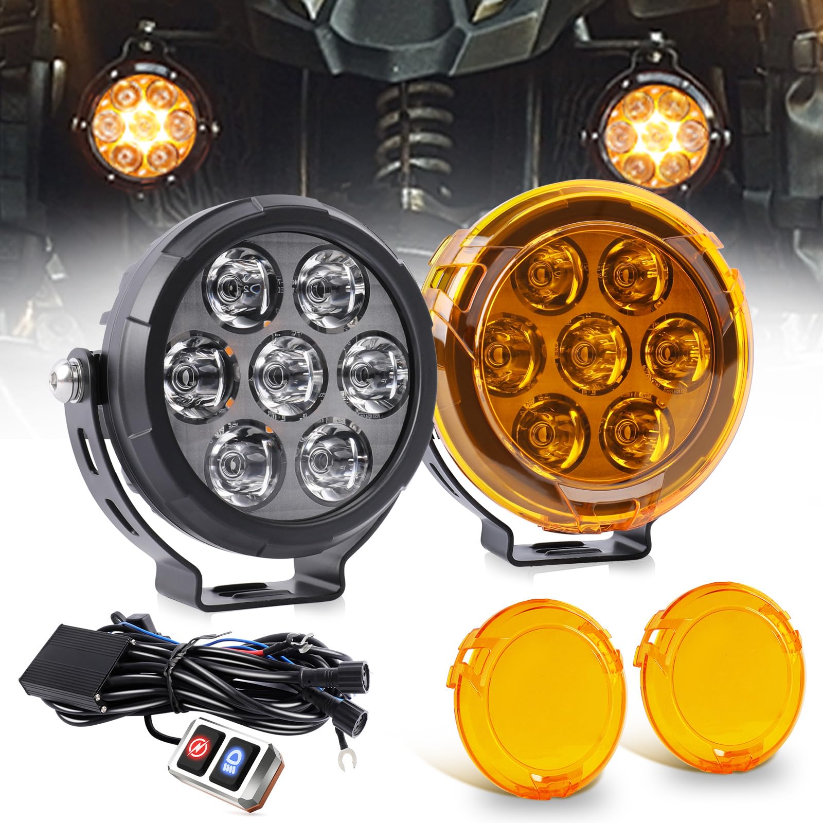 CO LIGHT Feux Additionnels Moto LED, 140W/2PCS Phares Antibrouillard Moto Stroboscope Phare Kit Capot Ambré Amovible Supports et Câblage Universel pour ADV Moto R 1250GS