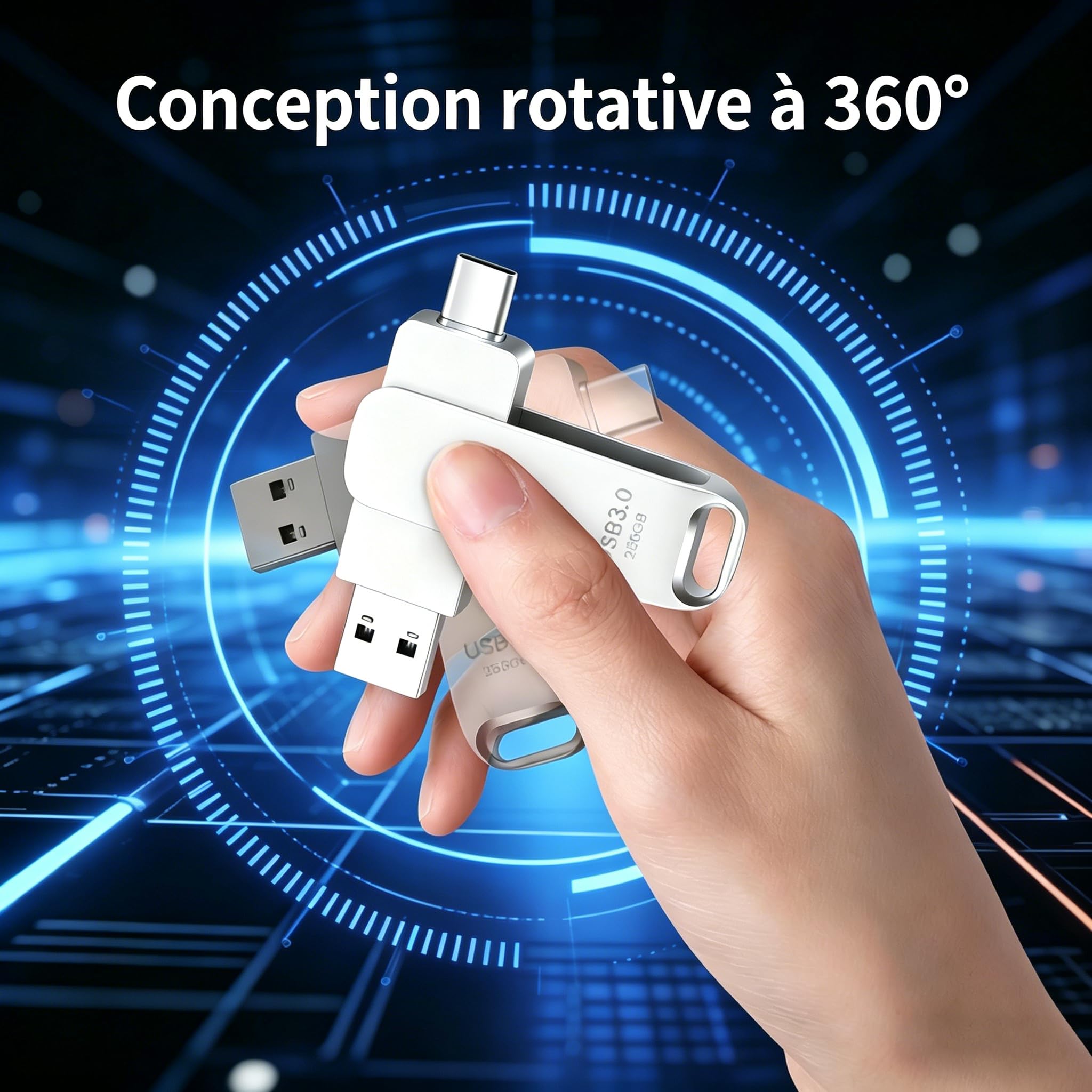 Clé USB 256 Go Double Interface Type-C USB 3.0, Flash Drive Portable Matériau Métallique Pivotant, Compatible Téléphones Portables/Tablettes/Ordinateurs - 3