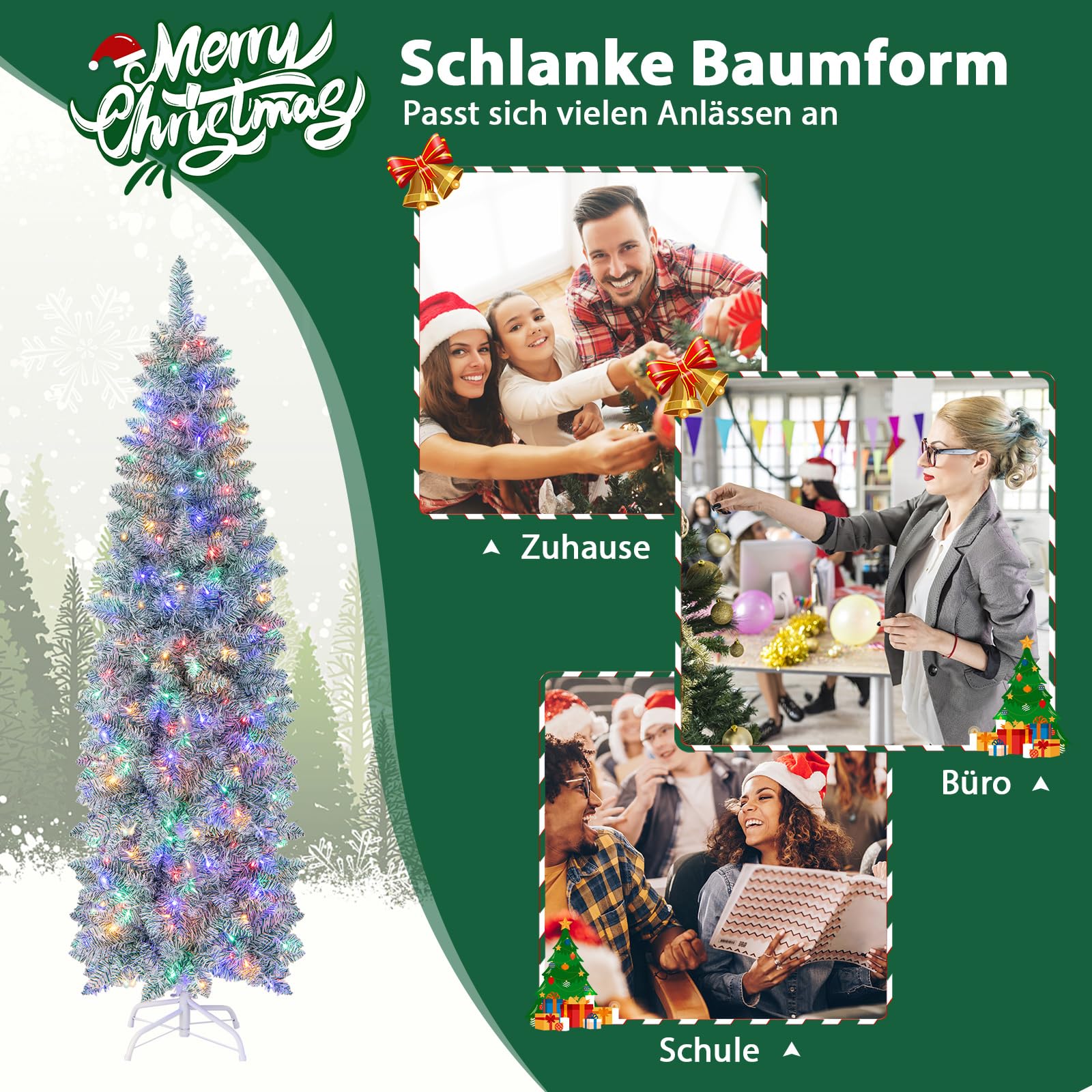 COSTWAY 180cm künstlicher Weihnachtsbaum Bleistift, LED Tannenbaum mit Beleuchtung, schlanker Christbaum mit mehrfarbigen Lichtern, Kunstbaum mit Metallständer für Weihnachten, Grün+Weiß