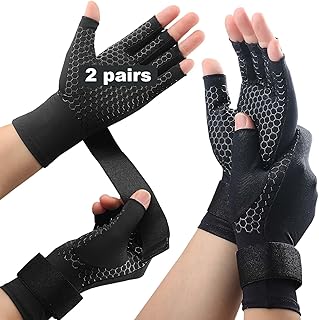 2 Pairs Copper Arthritis Gloves for Carpal Tunnel, Compression Gloves with Adjust Strap for Hand Pain, Wrist Support, Fingerless Gloves for Women Men for Computer Typing Driving Gym (Large/X-Large)