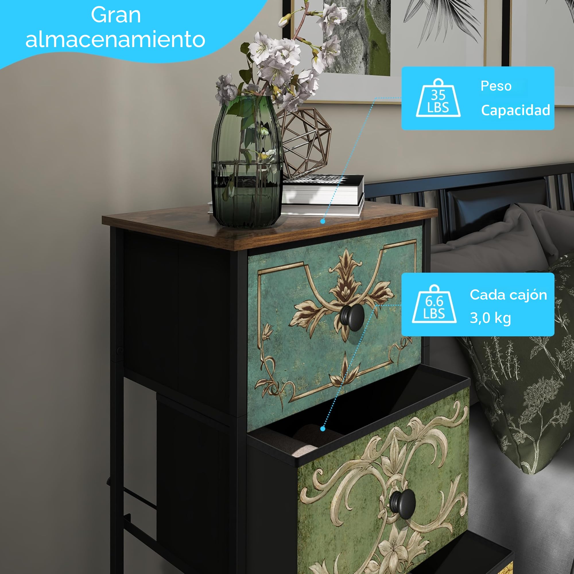 VEDECASA Cómoda estrecha con 3 cajones de tela Armario cómoda Tocador bohemio Armario de almacenamiento para dormitorio Armario industrial para salón habitación infantil pasillo