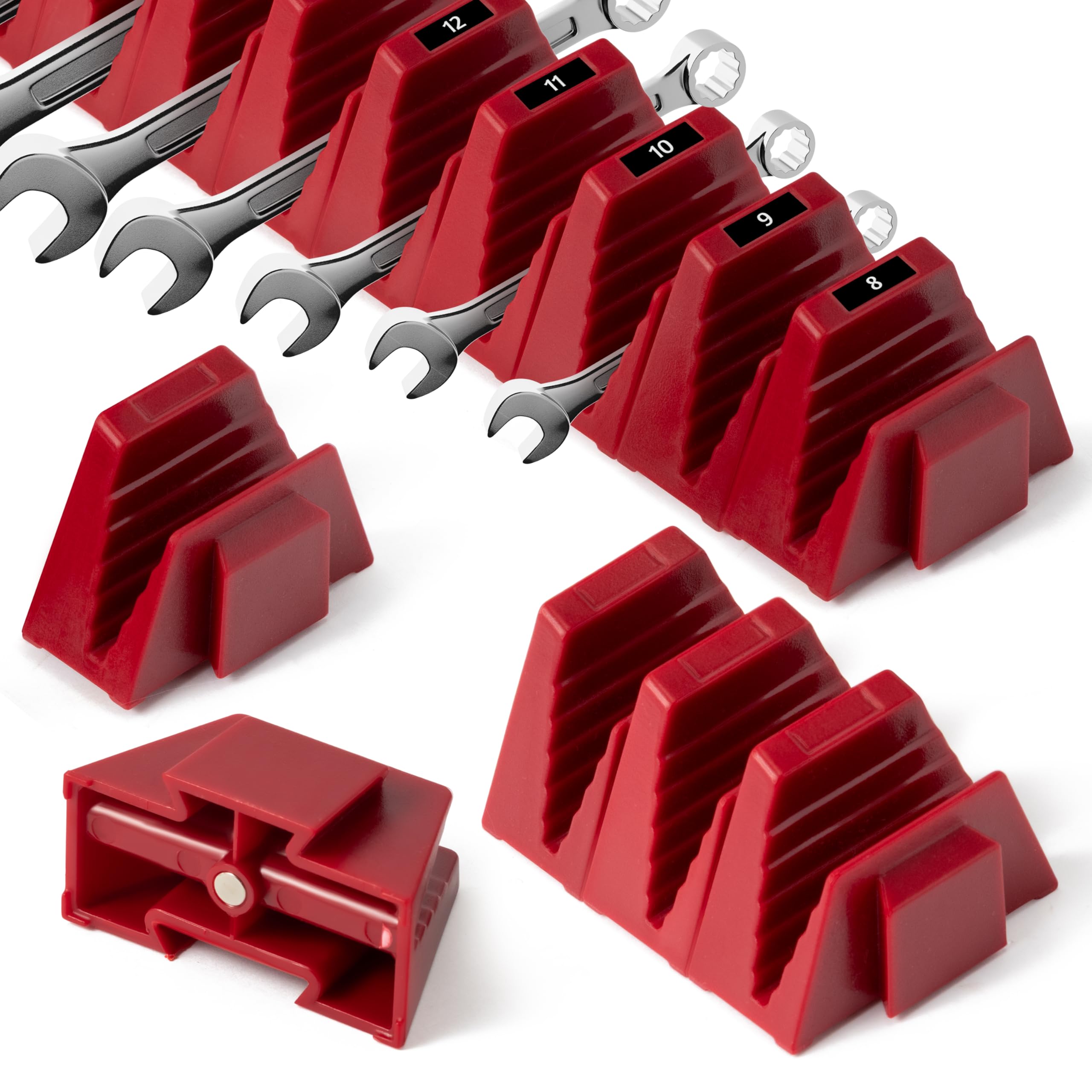 Magnetic Modular Wrench Organizer - 48PCS Magnet Wrench Rack for Tool Box Drawer Storage, Tool Organization Holder with Metric & SAE Labels, Workshop Gift for Mechanics Men Father (Red)