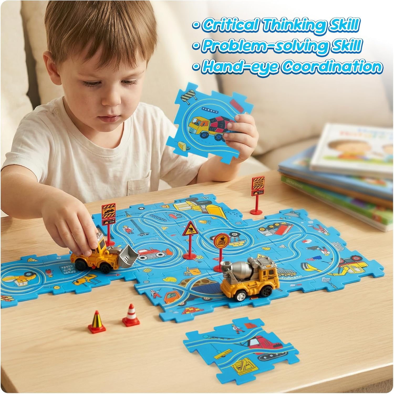 Plastic Puzzles for Kids Ages 3-5 with Toy Car Bulldozer + Cement Mixer, Toddler Puzzles Gift, Critical Thinking Educational Toys, Toys for 3 4 5 6 Year Old Boys Girls
