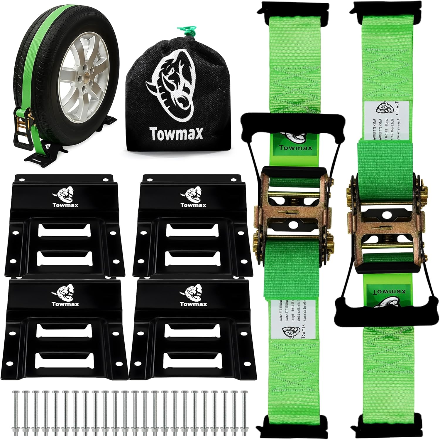 UTV Wheel Chock Tie-Down Kit - 4,500lb Break Strength Heavy Duty Trailer Tire Straps System - 2Pack 2" x 8' E Track Ratchet Straps for SXS, UTV, ATV, Lawn Mower (Bright Green)