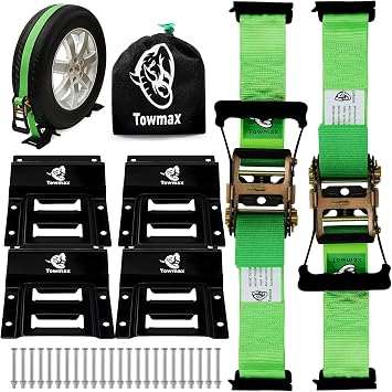 UTV Wheel Chock Tie-Down Kit - 4,500lb Break Strength Heavy Duty Trailer Tire Straps System - 2Pack 2" x 8 E Track Ratchet Straps for SXS, UTV, ATV, Lawn Mower Bright Green