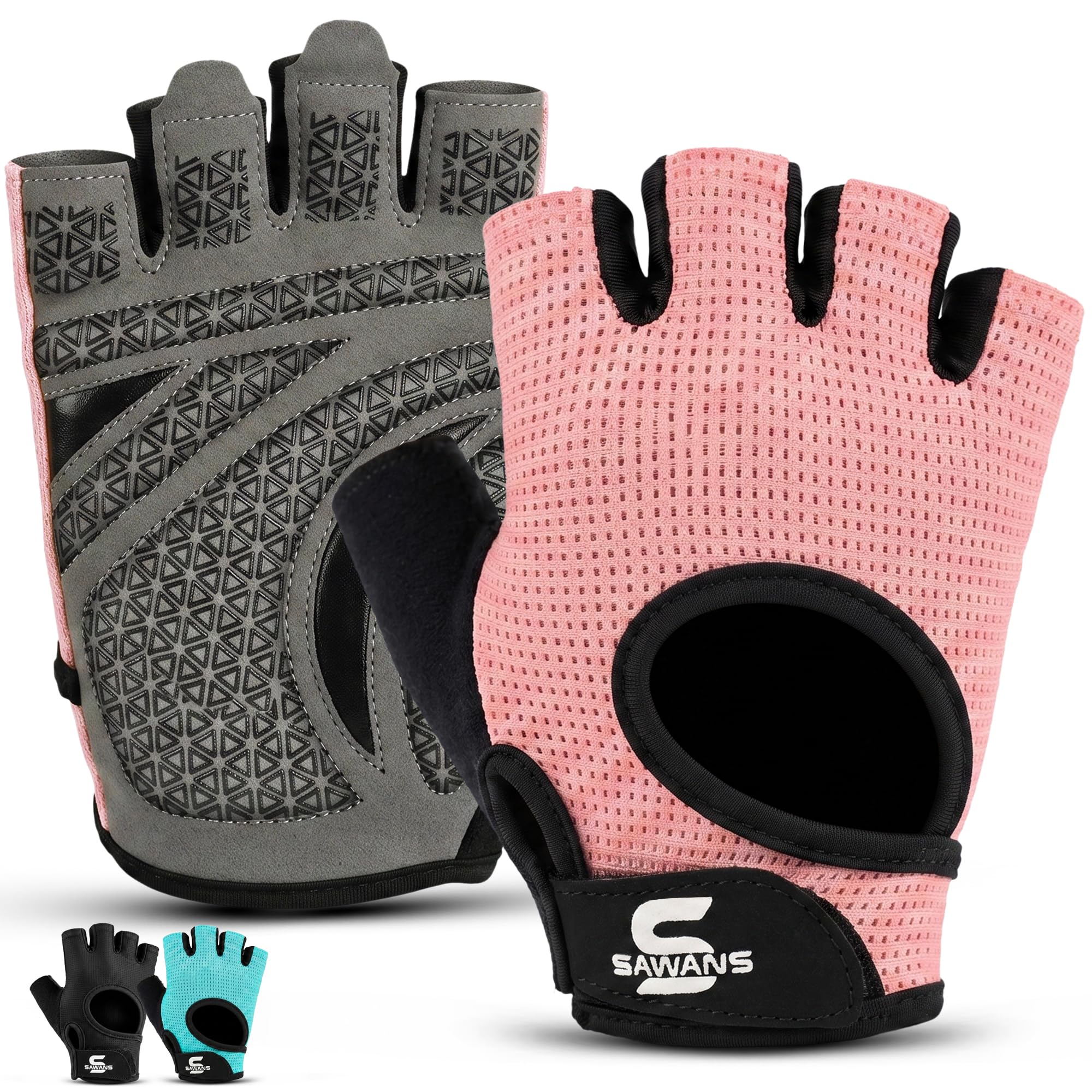SAWANS Gym Gloves for Men & Women, Breathable Weight Lifting Gloves with Padded Grip & Wrist Support, Fingerless Workout Gloves for Weightlifting, Running, Training, Crossfit & Cycling