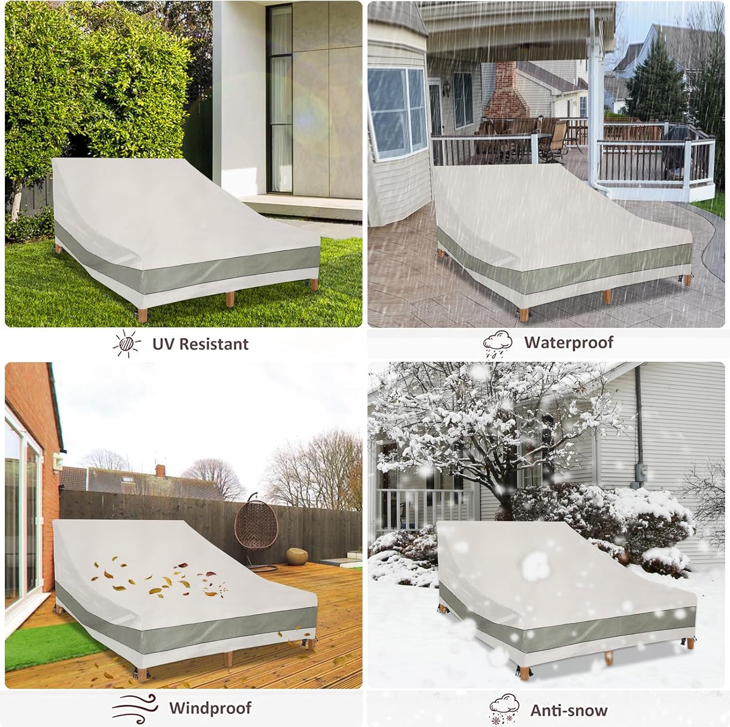 Double Chaise Lounge Cover Waterproof Heavy Duty 82Inch Double Wide Patio Chaise Lounge Chair Cover-Beige