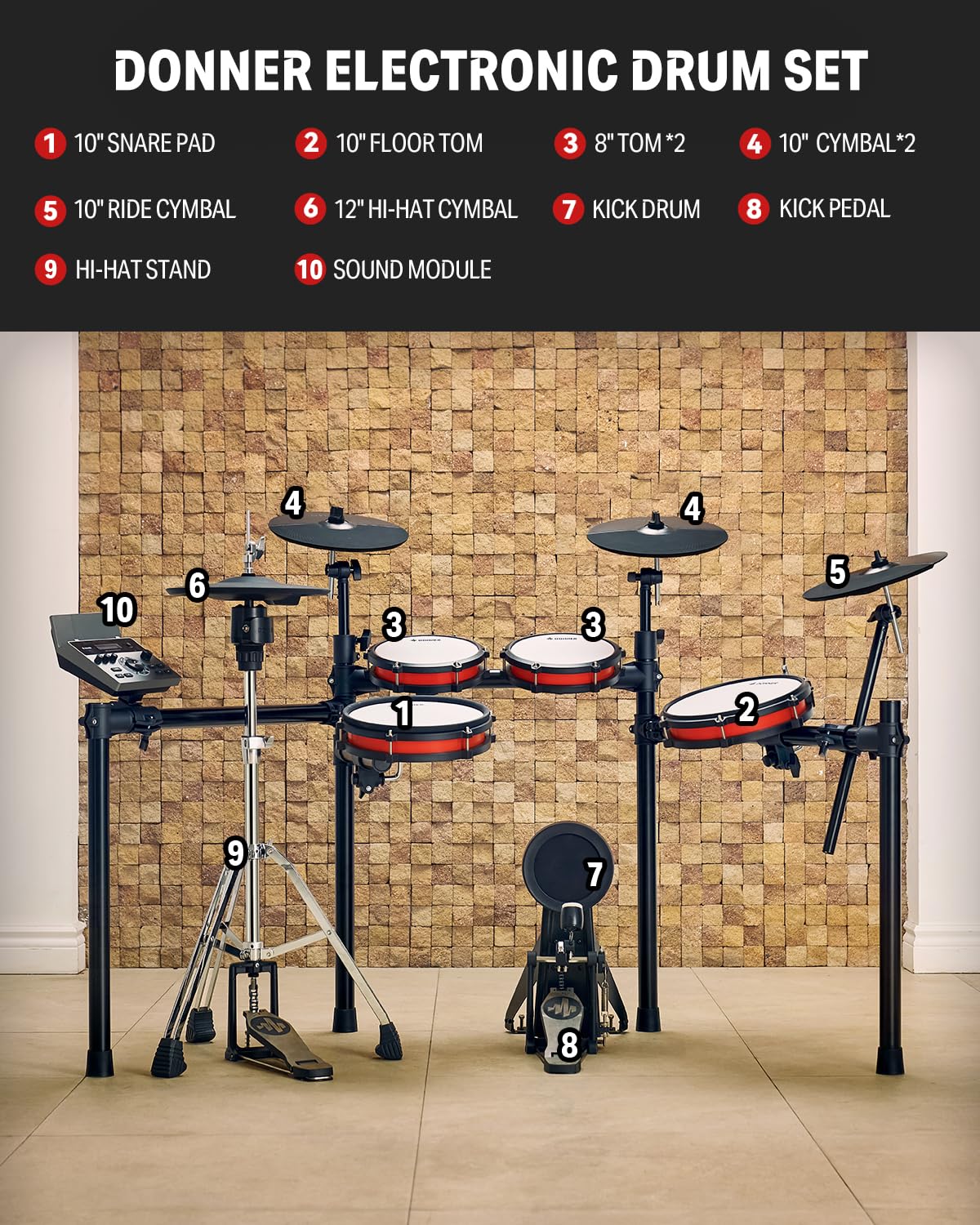 Donner Juego de batería eléctrica, DED-200 Pro batería electrónica con Hi-Hat independiente, caja de malla de doble zona de 10 pulgadas y tambor de patada independiente para batería avanzada, 5