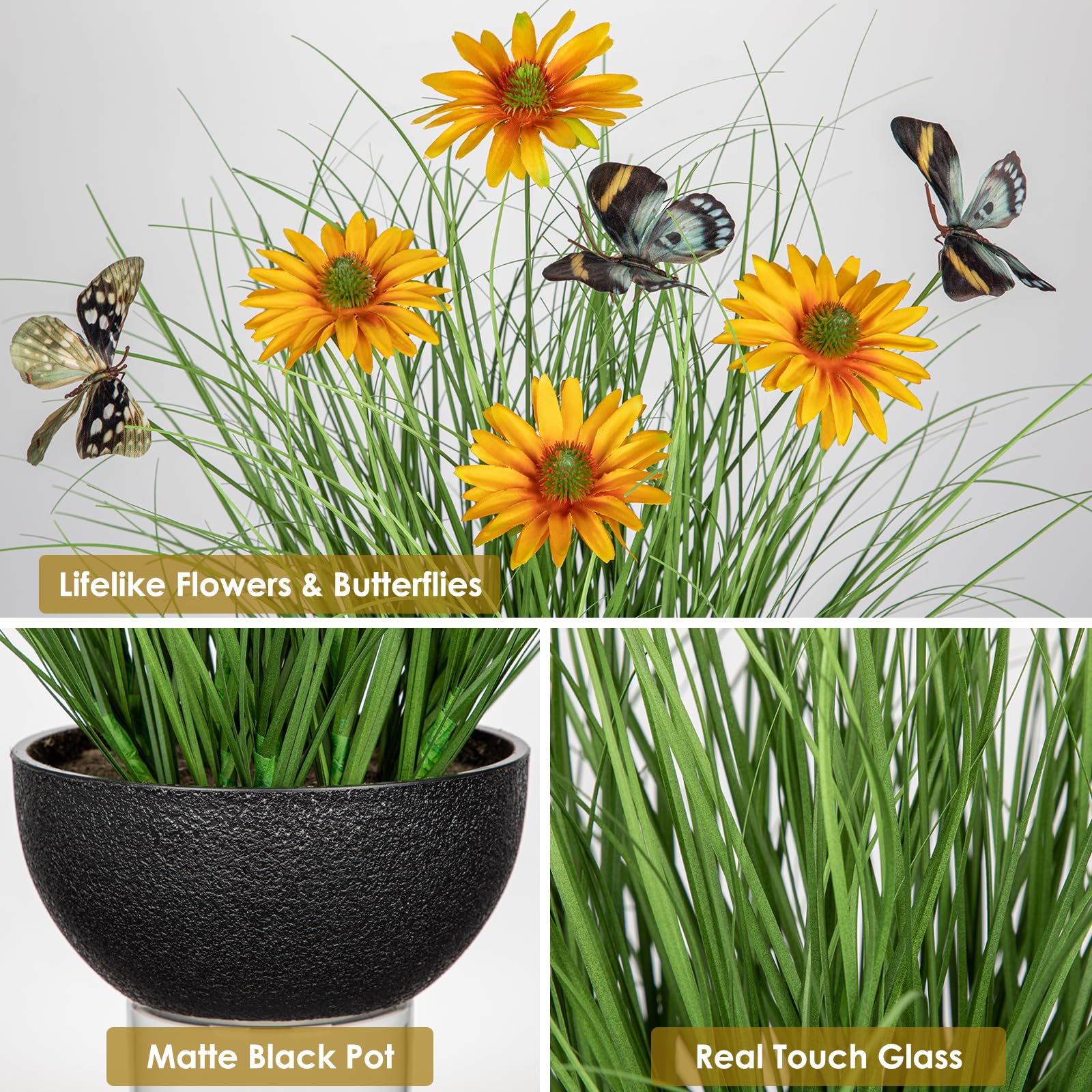 Oairse Kunstpflanze Dekogras Kunstpflanze Zwiebelgras mit Gänseblümchen und Schmetterling, Dekoratives Künstliches Grün, Freistehend für Zuhause, Büro, Hotel, Party, Hochzeit Dekoration, Gelb