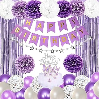 Butterfly Decorations for Women or Girls Purple Party Decorations Includes Confetti Purple White Balloons Paper Flowers Foil Fringe Curtains Happy Birthday and Stars Banner Butterfly Cake Decorations for Butterfly Birthday Decorations