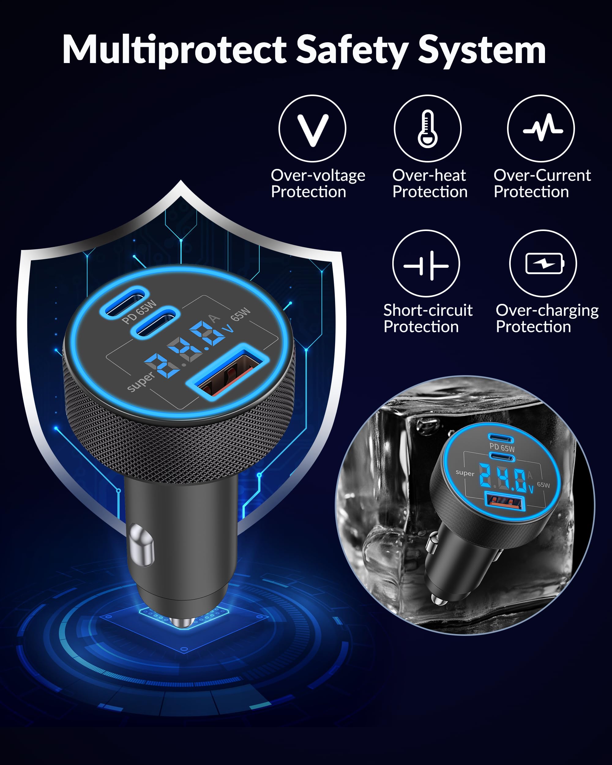 Caricabatteria da auto USB C a 3 porte 130 W tipo C ricarica ultra veloce caricabatteria da auto accessori con display di tensione accendisigari per iPhone 17/16/15/14/13/12, iPad, Galaxy S25/S24/S23