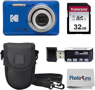 PIXPRO FZ55 16MP Digital Point & Shoot Camera, 5X Optical Zoom, 28mm Wide Angle, 1080P Full HD Video, Bundle with 32GB SD Card, Protective Case, and Hi-Speed Card Reader (Blue)
