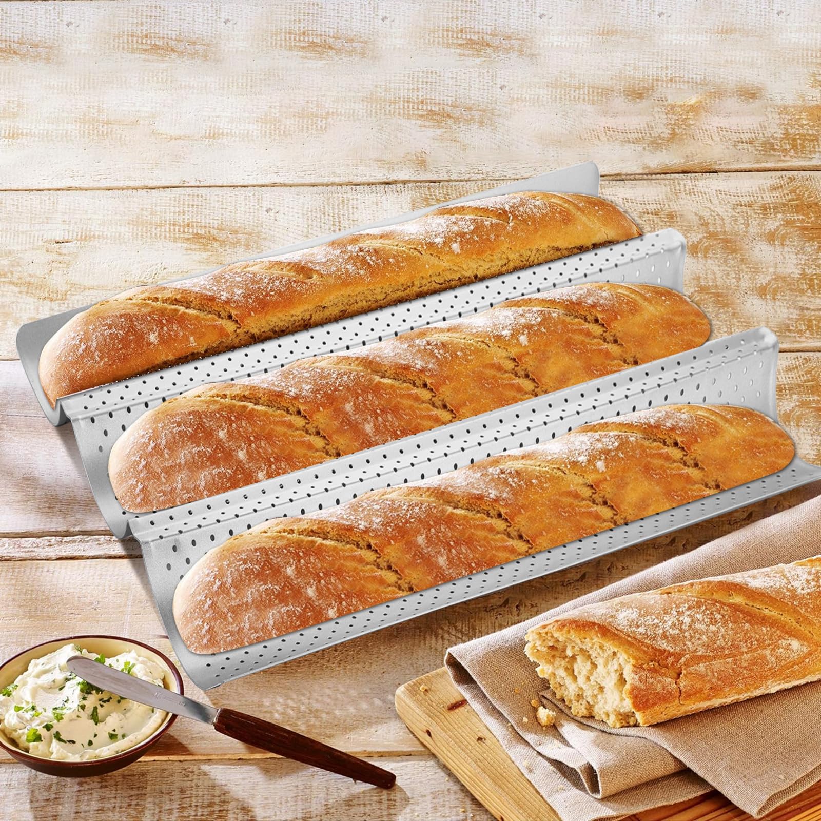 Confezione Da 2 Teglie Antiaderenti Perforate Per Baguette, 38 X 33 Cm Per La Cottura Del Pane Francese 4 Pagnotte Ondulate Teglia Per Forno E~p123467457
