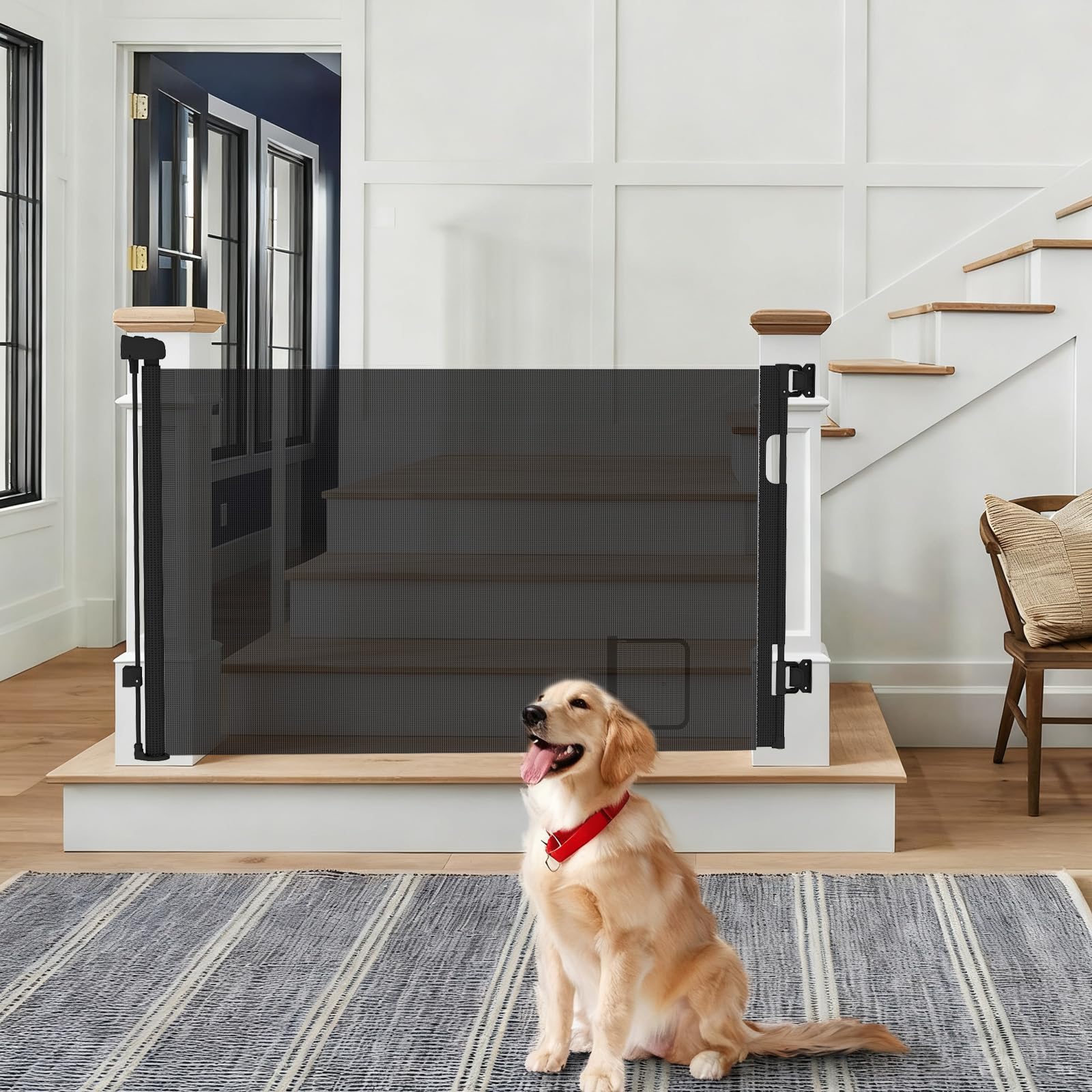 Rejilla de protección para escaleras extensible de 0 a 150 cm, con solapa para gatos, rejilla de protección para puerta, barrera para bebés, rejilla de protección para bebés y mascotas (negro)