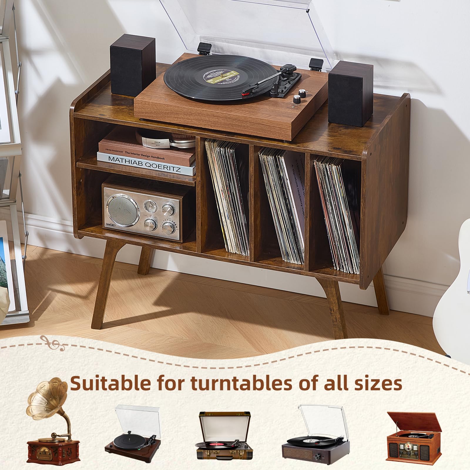 2BHOME Supporto per giradischi in legno, da tavolo, con 4 armadietti, può contenere fino a 100 LP, organizer per dischi in vinile in metallo, design classico, per cartelle/libri (noce, 2 ripiani