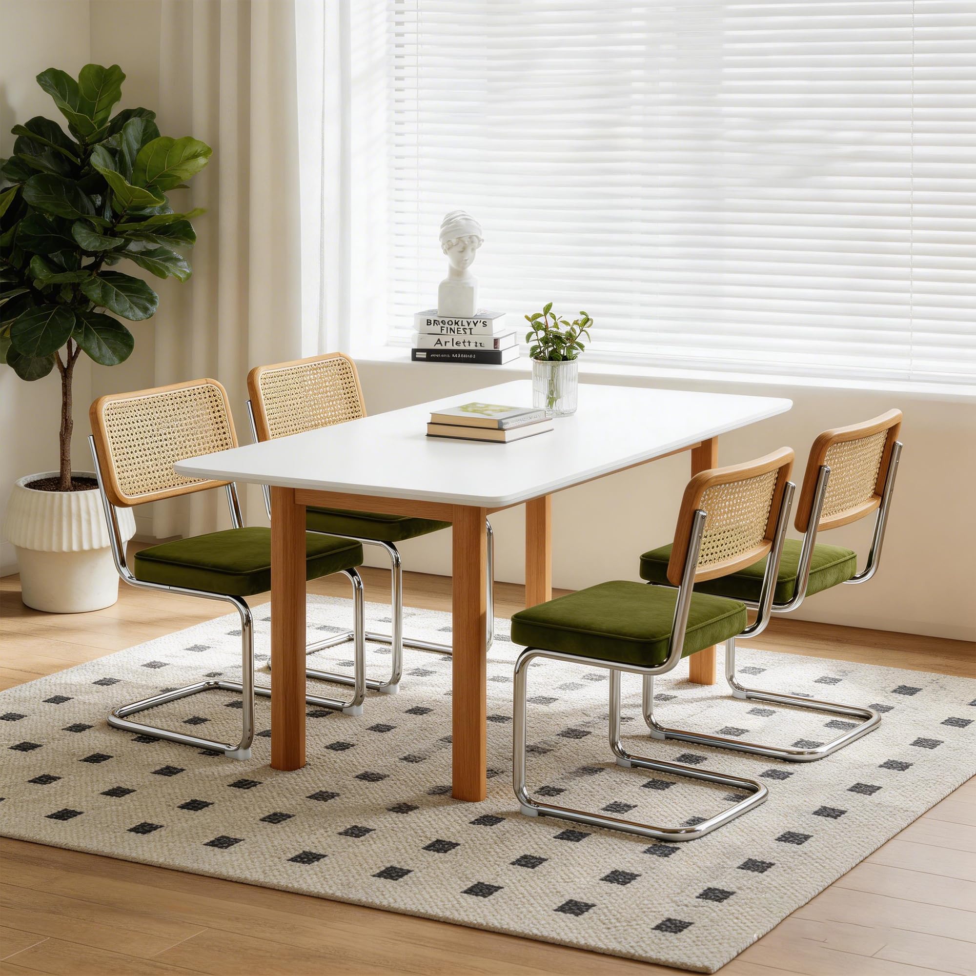 Bladez Juego de 4 sillas de comedor cantilever de terciopelo y ratán, trenzado vienés, con estructura cromada, sillas cantilever Mid-Century, para comedor, sala de estar (verde)