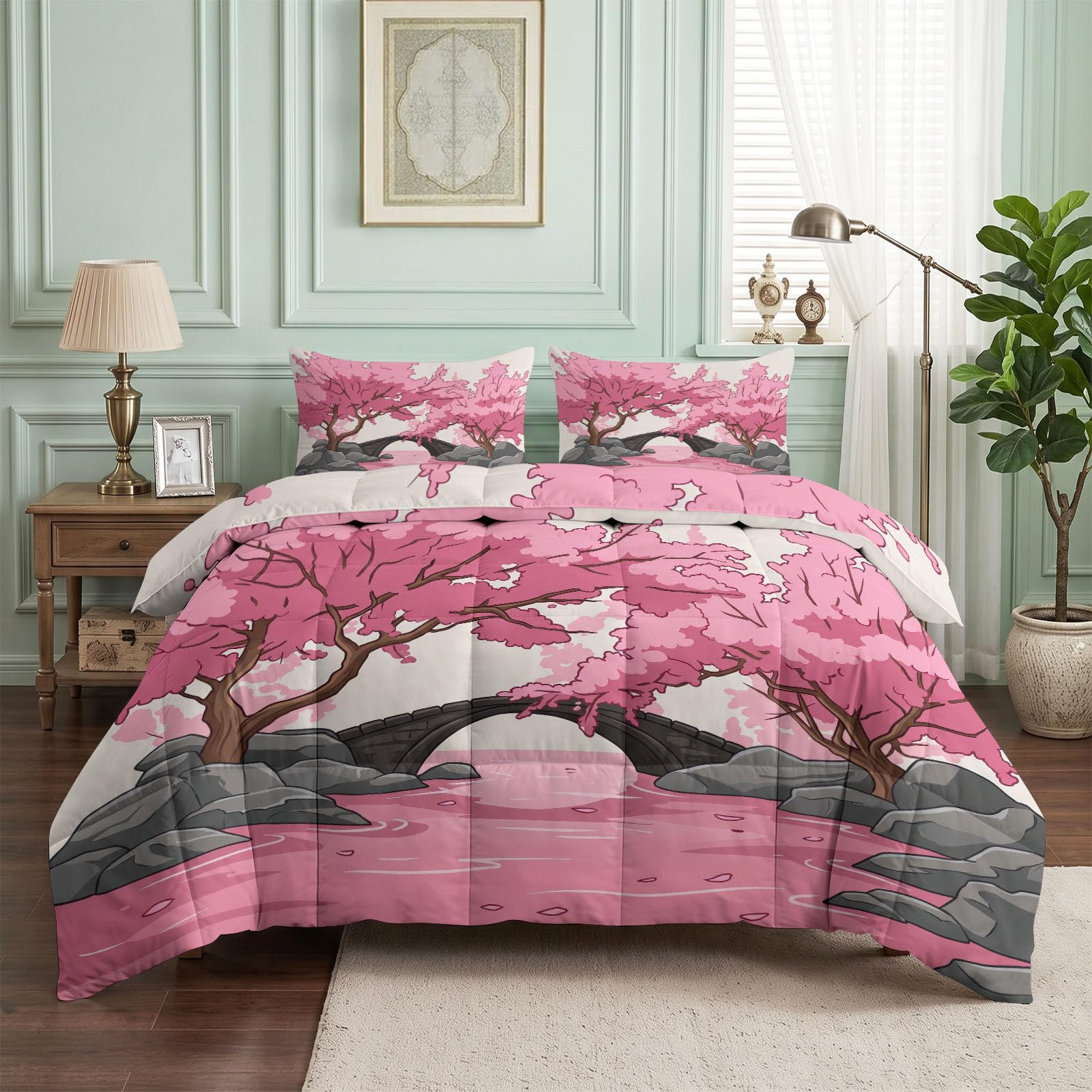 Japońska kołdra w romantycznym stylu botanicznym 200 x 220 cm, kołdra w kwiaty wiśni w ogrodzie japońskim łukowaty most na 4 pory roku Kołdra do łóżka 2-osobowego - Dwustronna kołdra bez