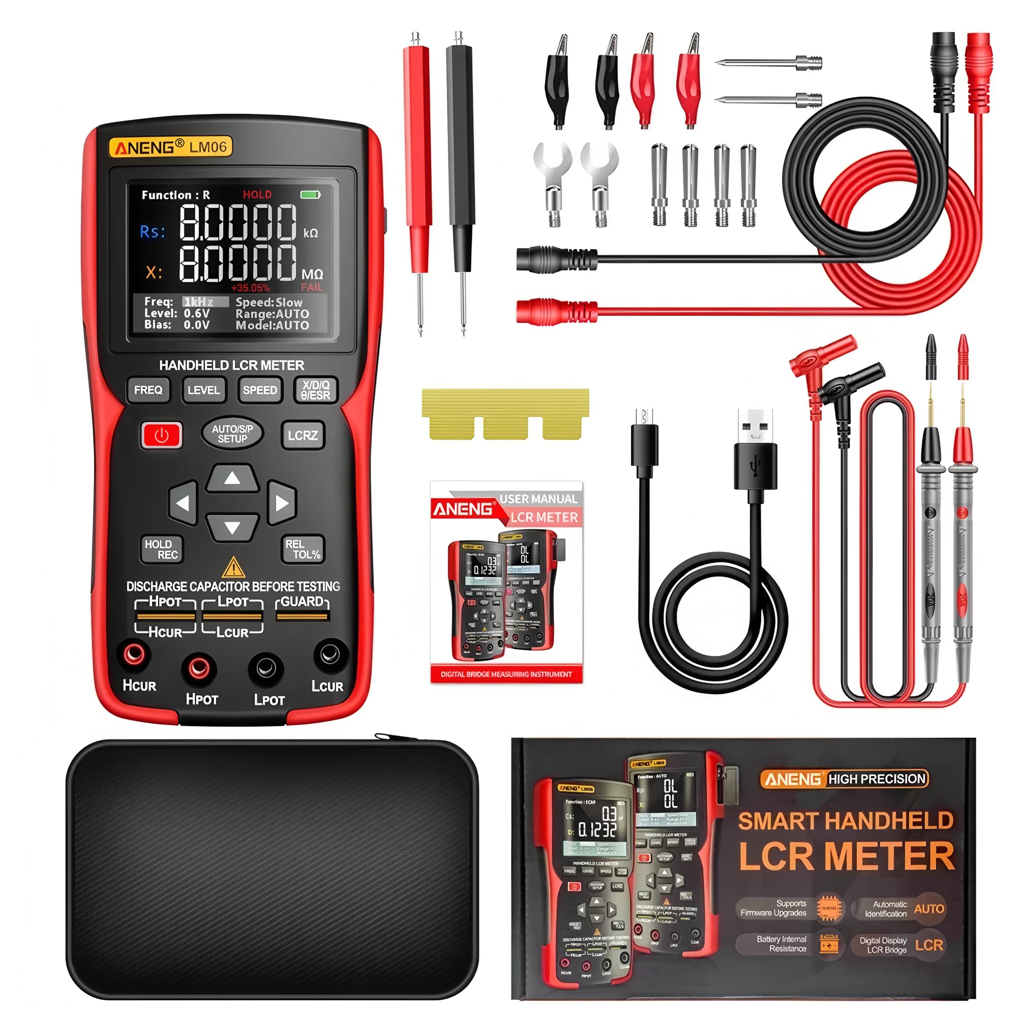 Medidor Puente LCR LM06 Medidor ESR Electrónico Multímetro Capacitor Reparación Taller Prueba Inductancia Resistencia DIY 100Hz 100kHz Herramientas de Medición (LM06+pinza Kelvin)