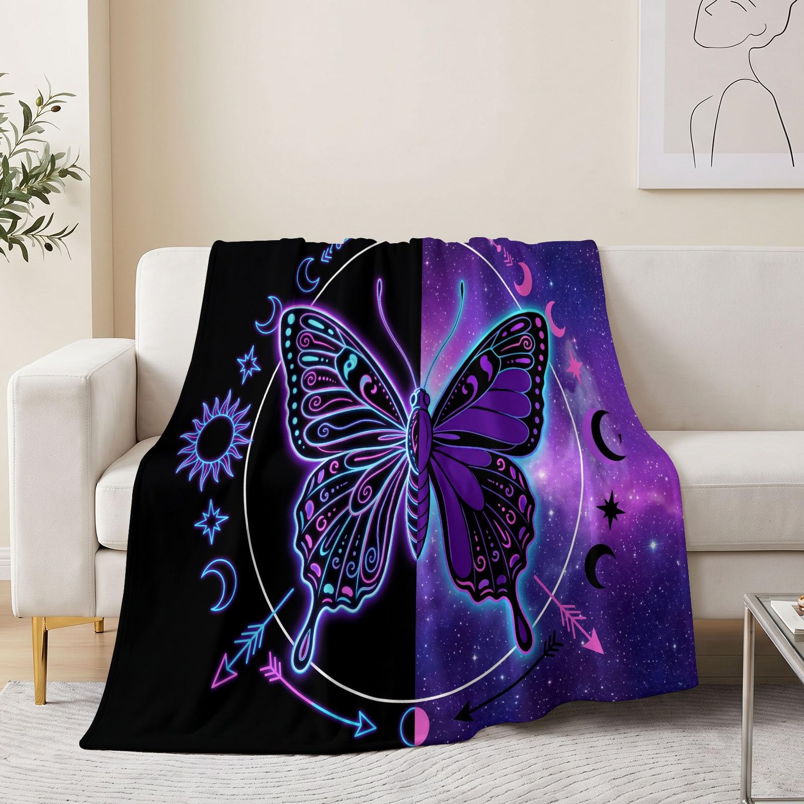 Manta de franela con estampado de fantasía, 150 x 200 cm, manta suave para cama, silla, sofá, sofá, neón, símbolo celestial, animal, mariposa, mullida, manta de felpa para aire acondicionado y siestas