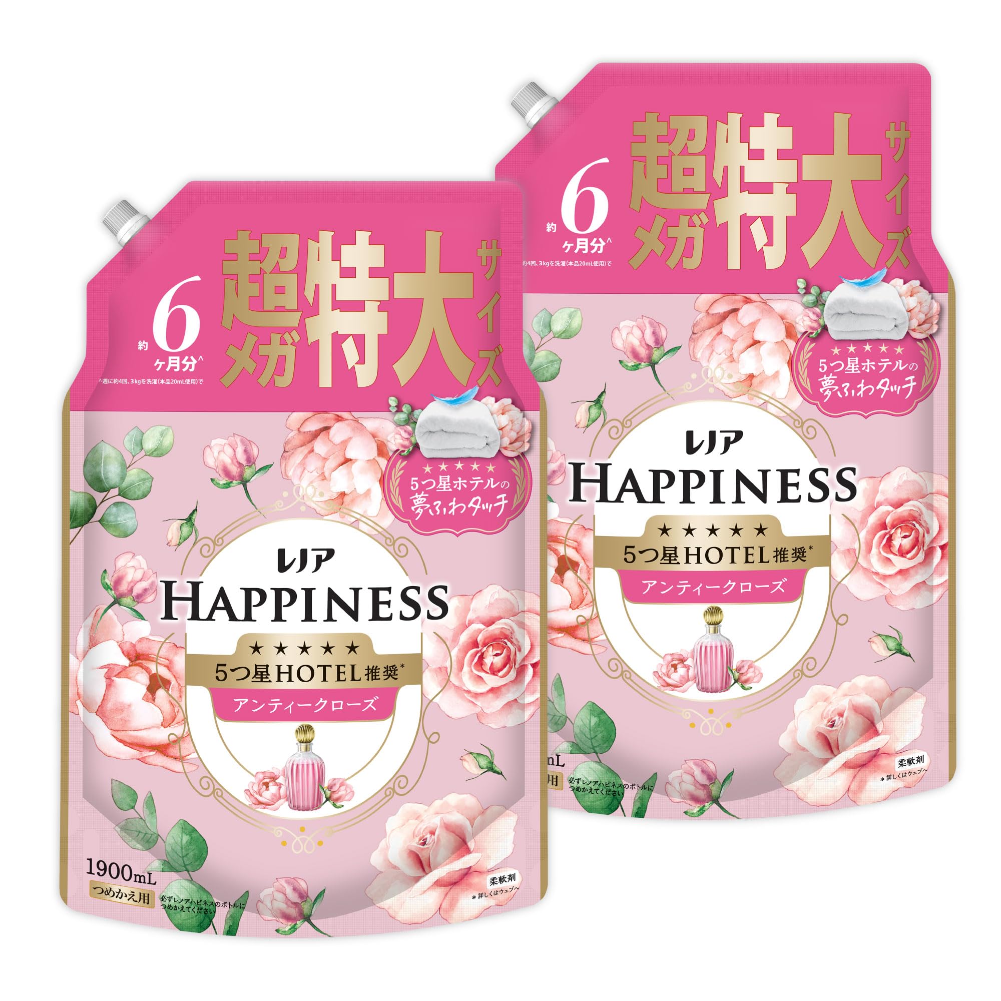 【まとめ買い】[大容量] レノア ハピネス 5つ星ホテルの夢ふわタッチ 柔軟剤 アンティークローズの香り 詰め替え 1900mL×2袋