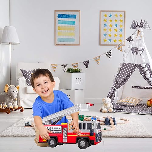 Miniatura 7 de Playkidiz - Camión de bomberos de 15 pulgadas para niños con luces y sonidos de sirena, vehículo de emergencia clásico rojo y blanco, escalera móvil